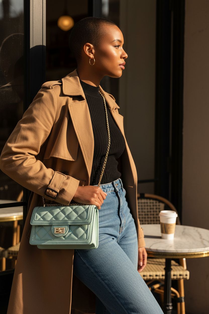 SG SUGU mint green quilted shoulder bag featured at a sunlit café doorway with a stylish outfit.