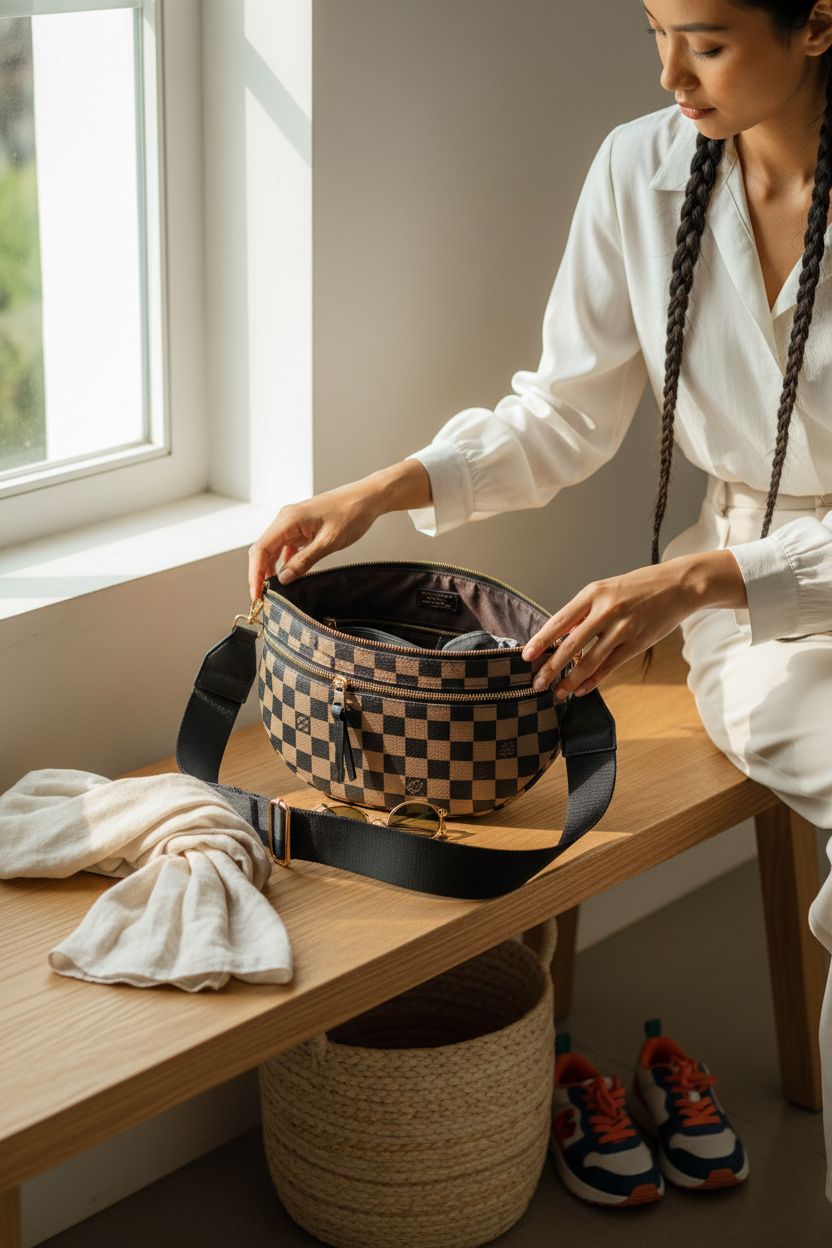 MEISEY checkered purse on an oak bench, showcasing its spacious design and stylish shape.