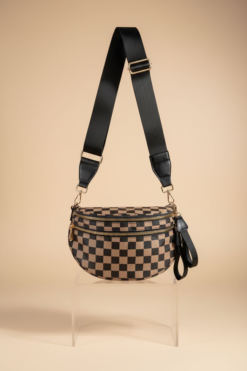 Product shot of MEISEY black and white checkered bum bag, highlighting its sleek design and details.
