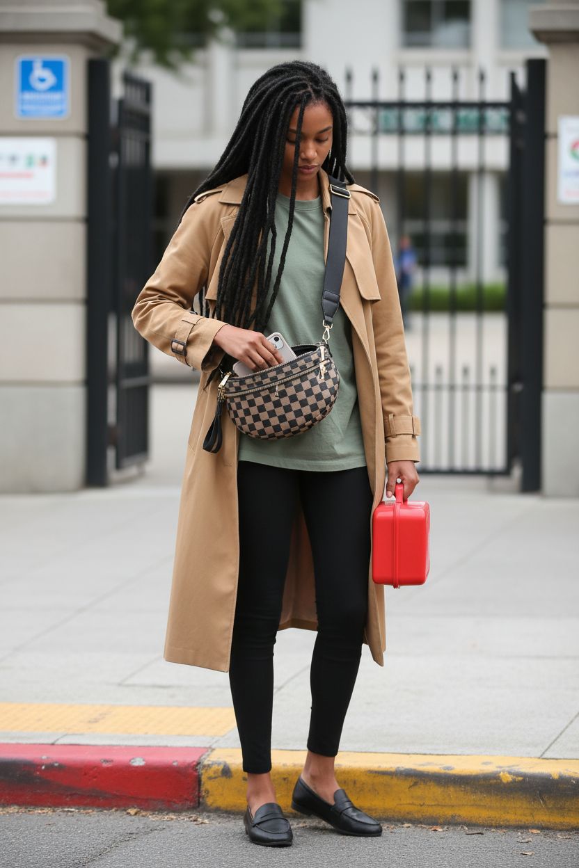 Black and white checkered crossbody bum bag by MEISEY, stylishly opened at a school drop-off.