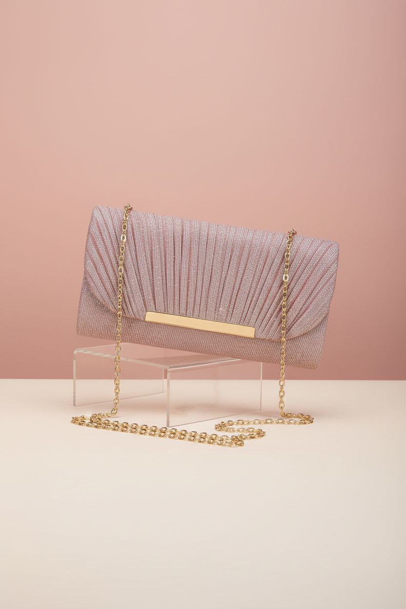 Stunning UBAYMAX evening clutch showcased on acrylic riser, ideal for mothers of the bride