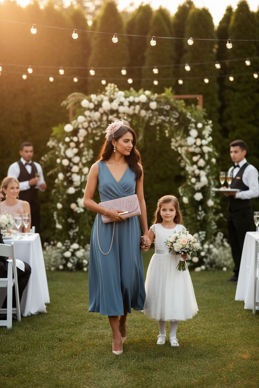 Stylish UBAYMAX clutch bag carried gracefully in a garden wedding setting, ideal for mothers of brides