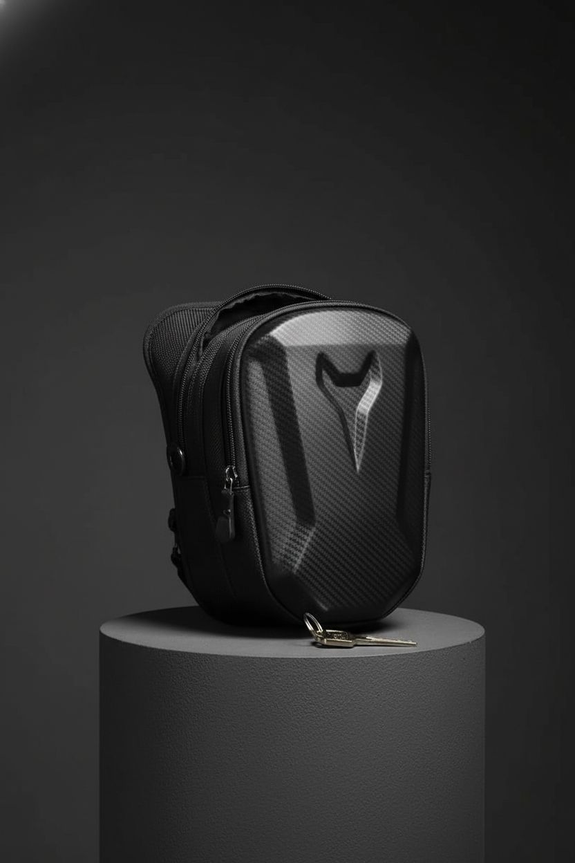 Close-up of motorcycle hip bag details on a charcoal backdrop, by Generic