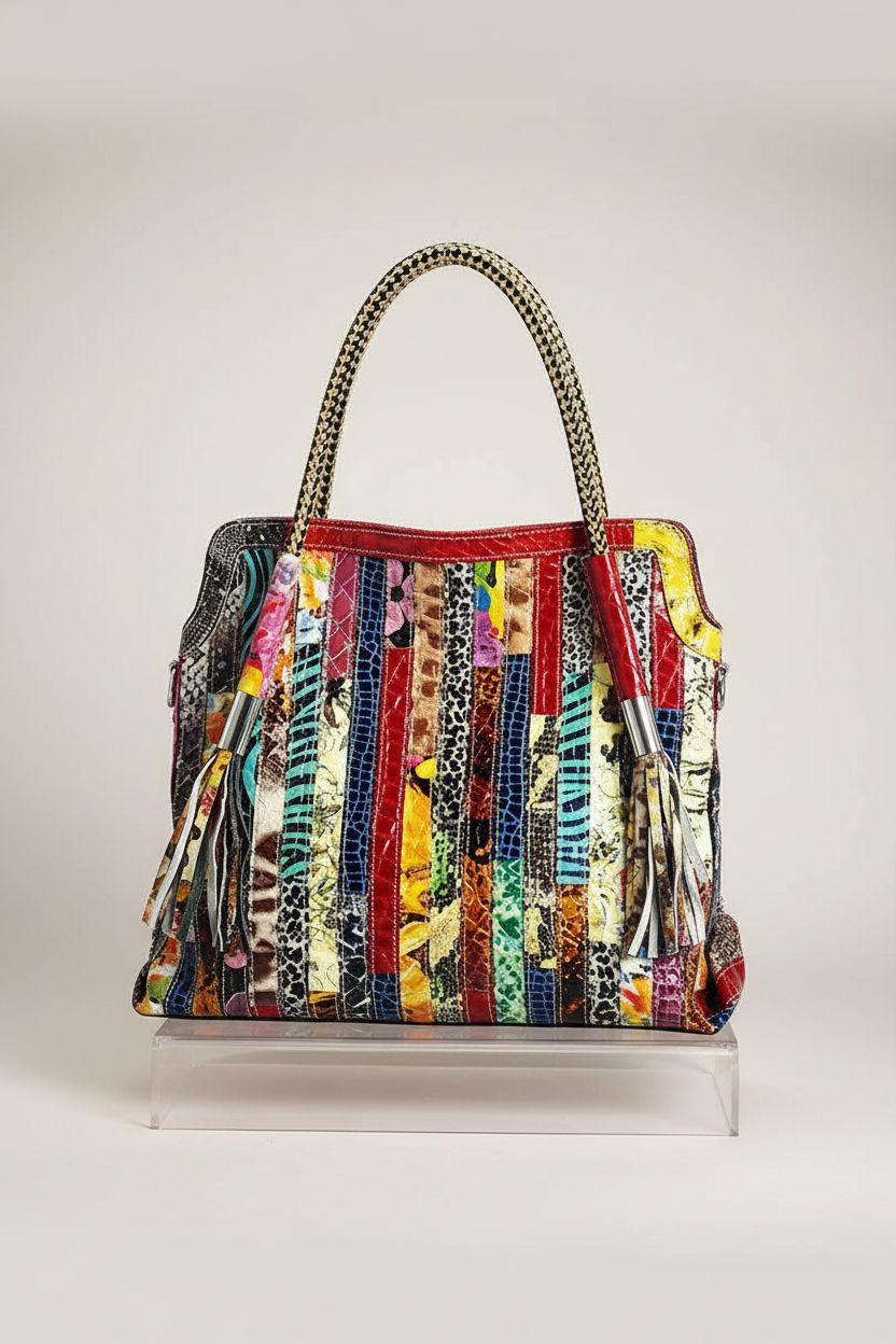 Premium RainboSee multicolor handbag showcasing detailed stitching and snake-texture on a gray backdrop.