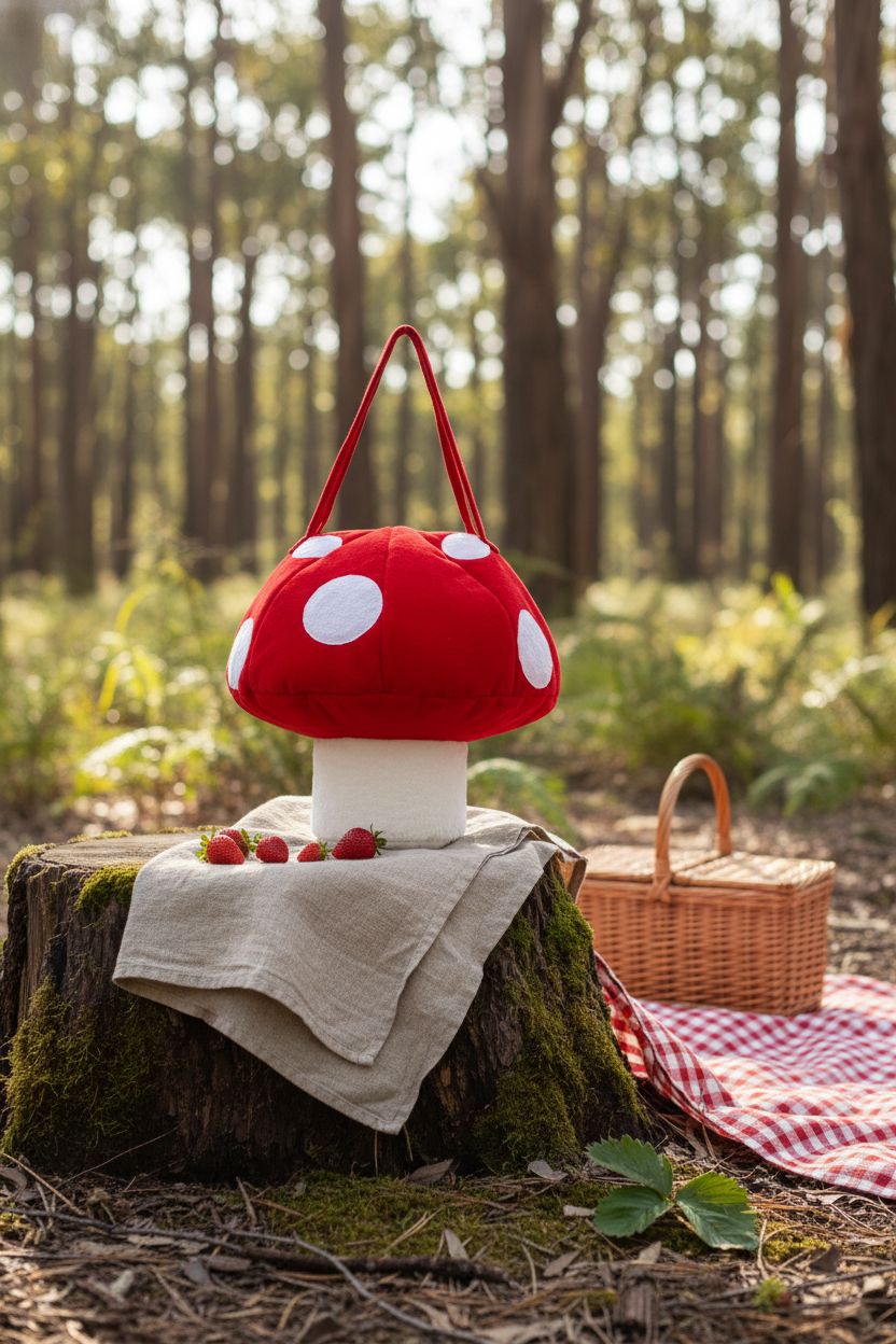 Fun Costumes mushroom purse resting on a mossy stump in a whimsical picnic setting