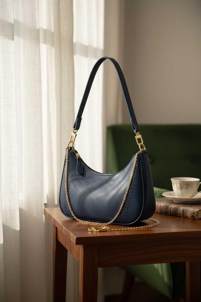 Retro navy hobo bag by a cozy window in a reading nook with soft light