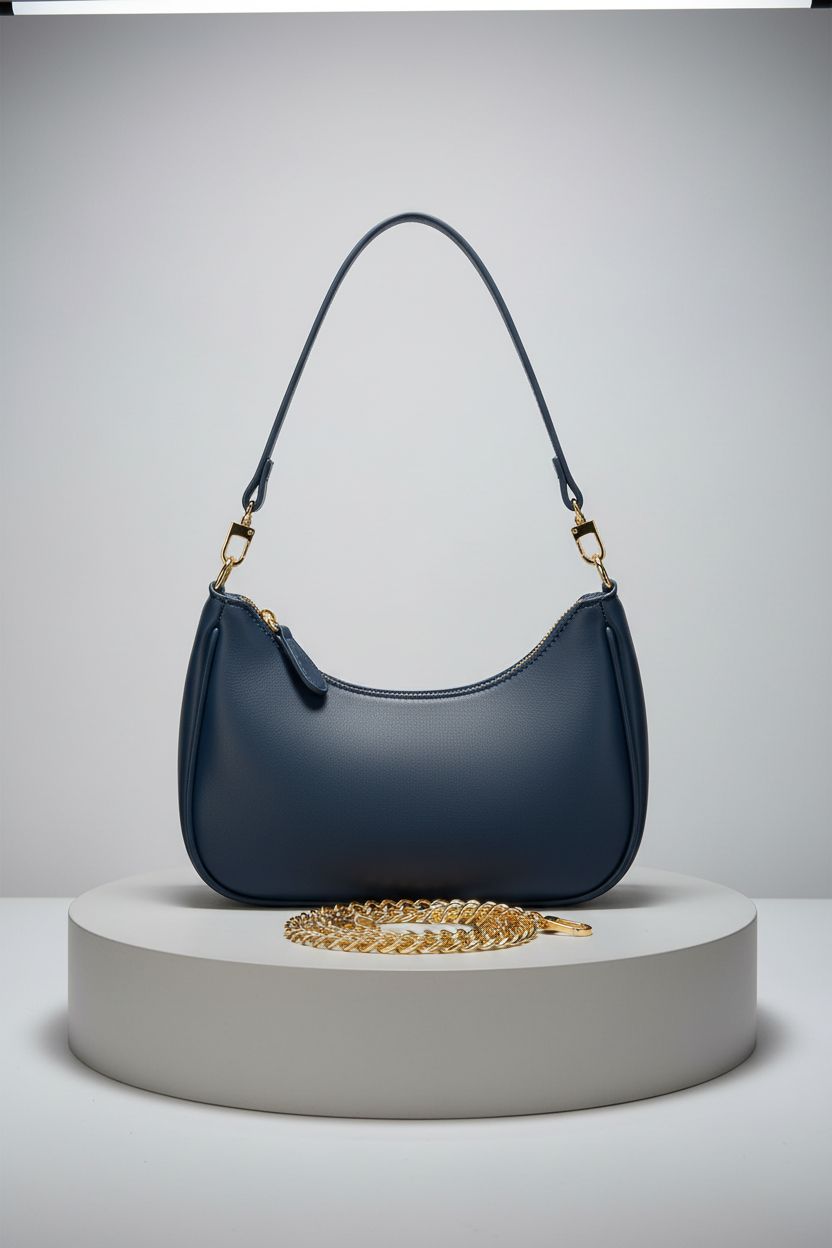 KKXIU navy blue purse on a pedestal showcasing its elegant design