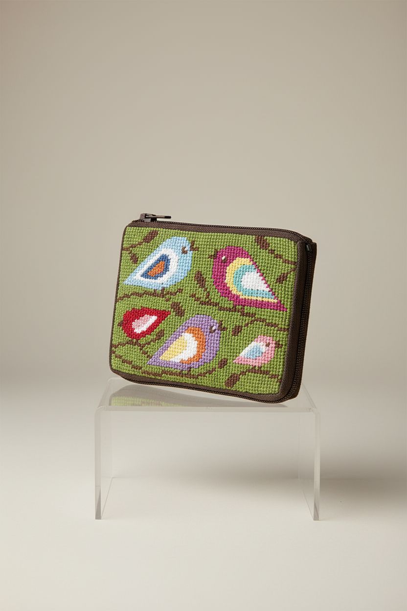 Alice Peterson's needlepoint clutch showcasing intricate bird design and zipper detail