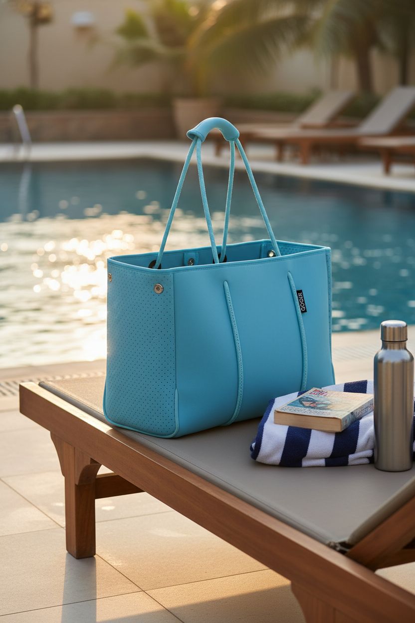 QOGiR ocean blue neoprene tote beside a pool, ideal for poolside relaxation.