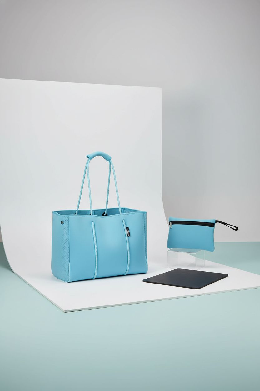 QOGiR ocean blue neoprene tote bag displayed in a studio, showcasing its design.