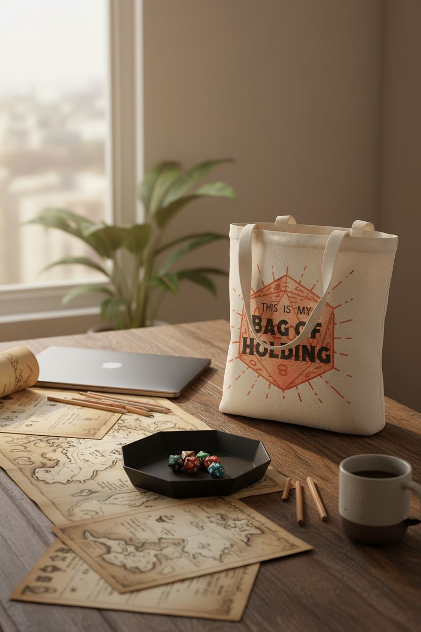 BLUPARK Bag Of Holding tote bag on oak table surrounded by game accessories and a warm atmosphere.