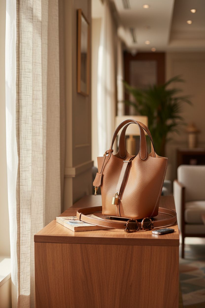 Hedexe bucket bag on walnut console in boutique hotel, highlighting luxury design features.