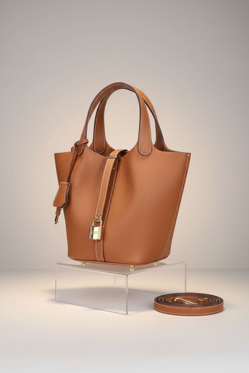 Premium hedexe brown leather bucket bag on acrylic riser, showcasing elegant craftsmanship.