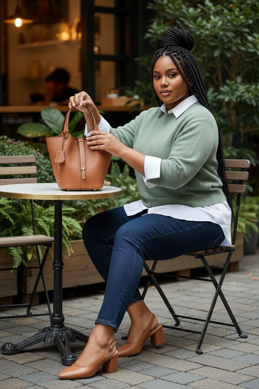 Designer leather bucket bag by hedexe on café table, showcasing trendy brown tote style.