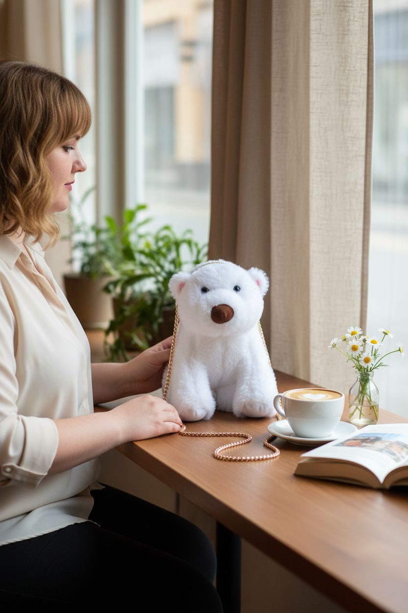 Ueeksry white plush dog bag resting on a cozy café table with coffee and flowers