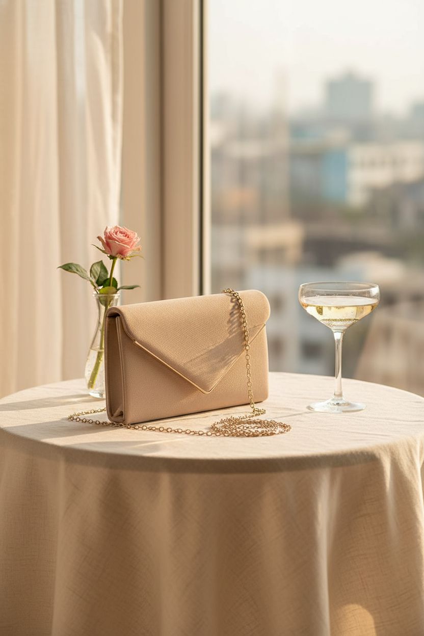 BBjinronjy nude envelope clutch on an intimate tablescape with soft lighting.