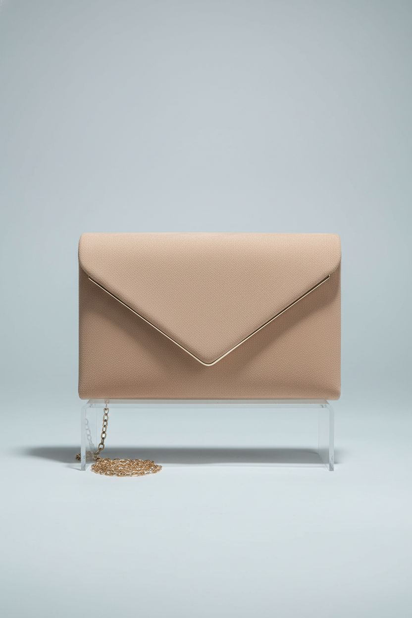 BBjinronjy nude envelope clutch showcasing its faux suede and gold trim.
