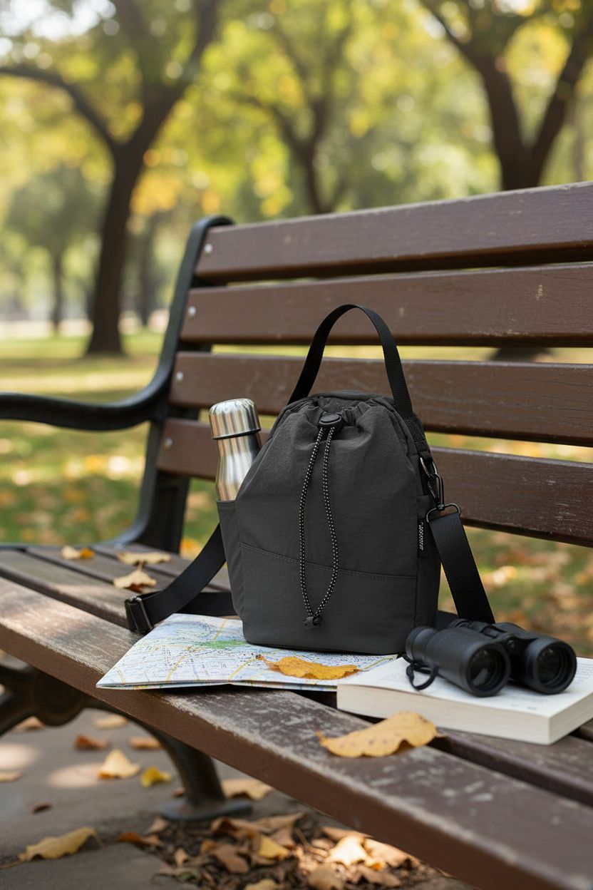 WITERY nylon crossbody bag on a bench with a water bottle and outdoor essentials