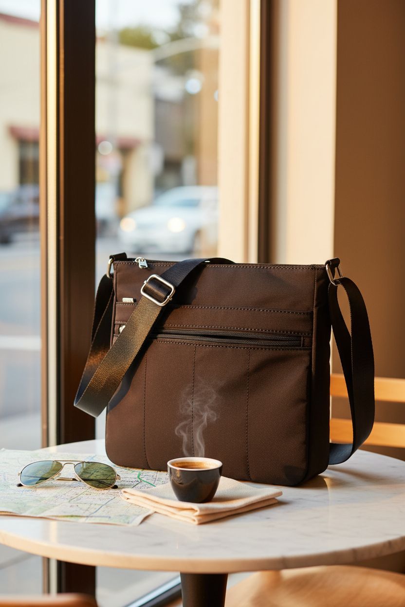 G4Free black nylon crossbody purse resting on a cafe table, perfect for casual outings.
