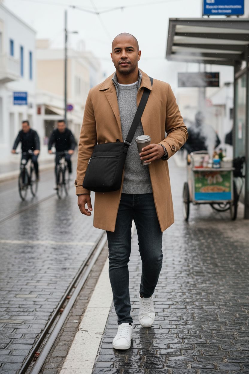 G4Free black nylon crossbody bag in a rainy urban setting, showcasing its water resistance.