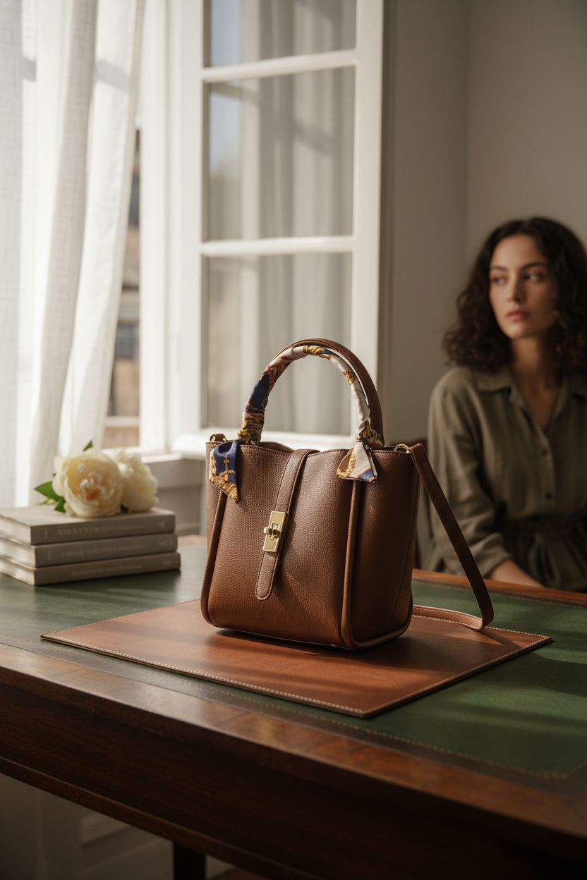 MakeMeChic brown handbag elegantly placed on a vintage desk in a serene study setting