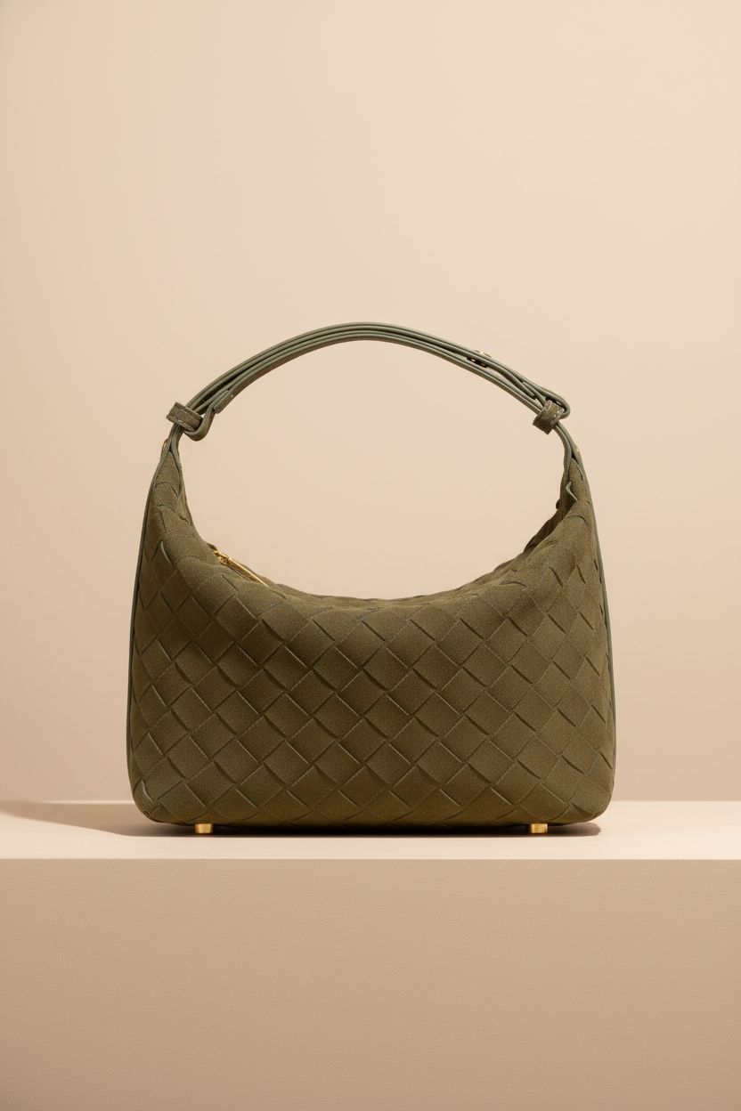 TNDCKP olive suede hobo bag showcased on a stone plinth, emphasizing fine craftsmanship and sleek design.