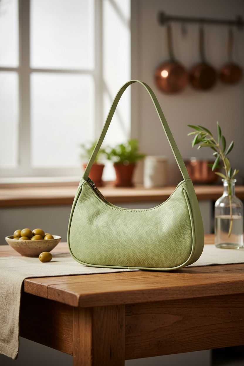 Afashor olive green purse resting on a rustic table in a sunlit kitchen, highlighting its vegan leather texture.