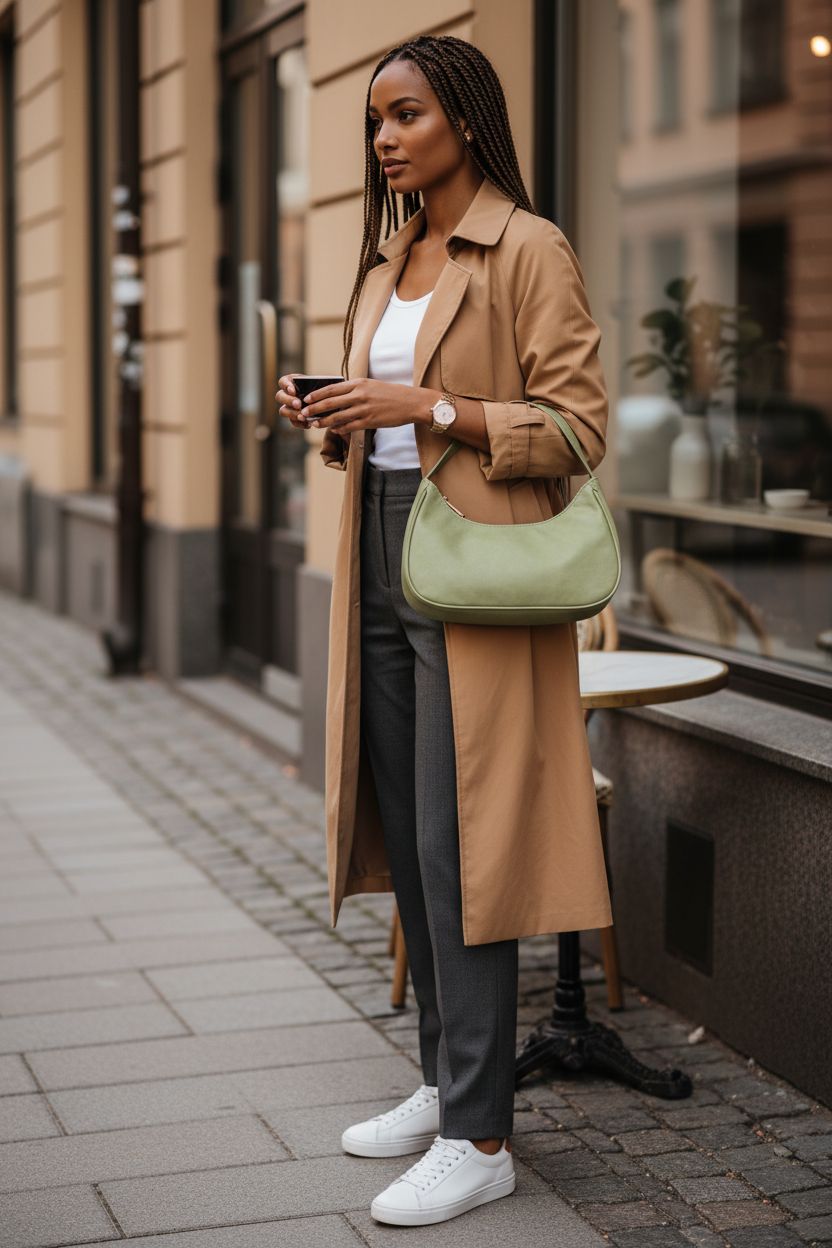 Afashor olive green hobo purse carried under-arm outside a café, showcasing vegan leather style.