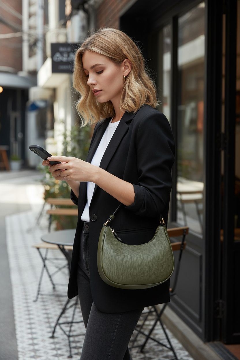 FashionPuzzle olive underarm purse styled with a black blazer and checked in a café doorway.