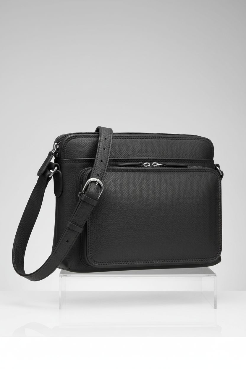 Product shot of ili New York black leather organizer purse, detailed view of stitching and wallet features