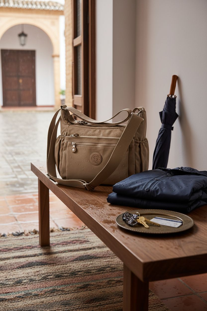TEUEN nylon crossbody bag on a bench, showcasing its stylish design and practicality