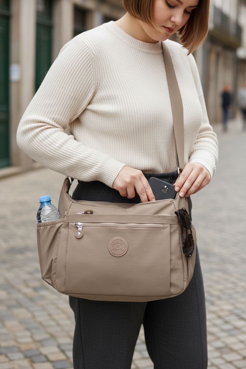 TEUEN waterproof nylon crossbody bag showcasing multiple pockets, perfect for organization