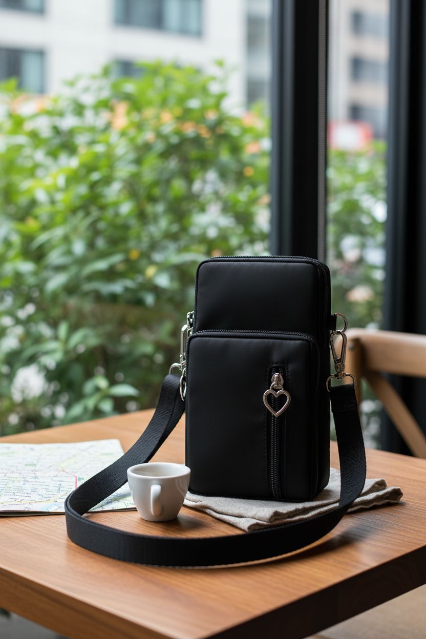 JANKS crossbody bag resting on a cozy café table next to espresso and a city guide, highlighting its chic design.