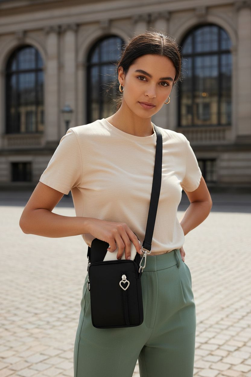 Black JANKS small crossbody bag over shoulder with phone in zip pocket, showcasing nylon texture and heart charm.