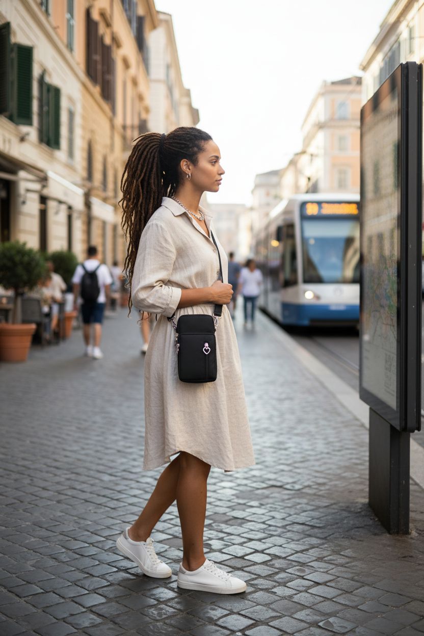 Black nylon JANKS mini crossbody bag slung over shoulder on sunlit sidewalk, perfect for hands-free adventures.