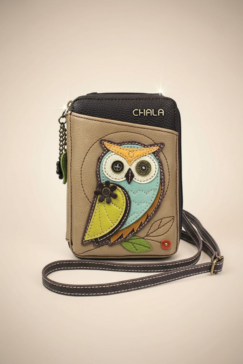 Detailed view of CHALA owl purse in taupe, showcasing its faux leather texture and intricate applique design.