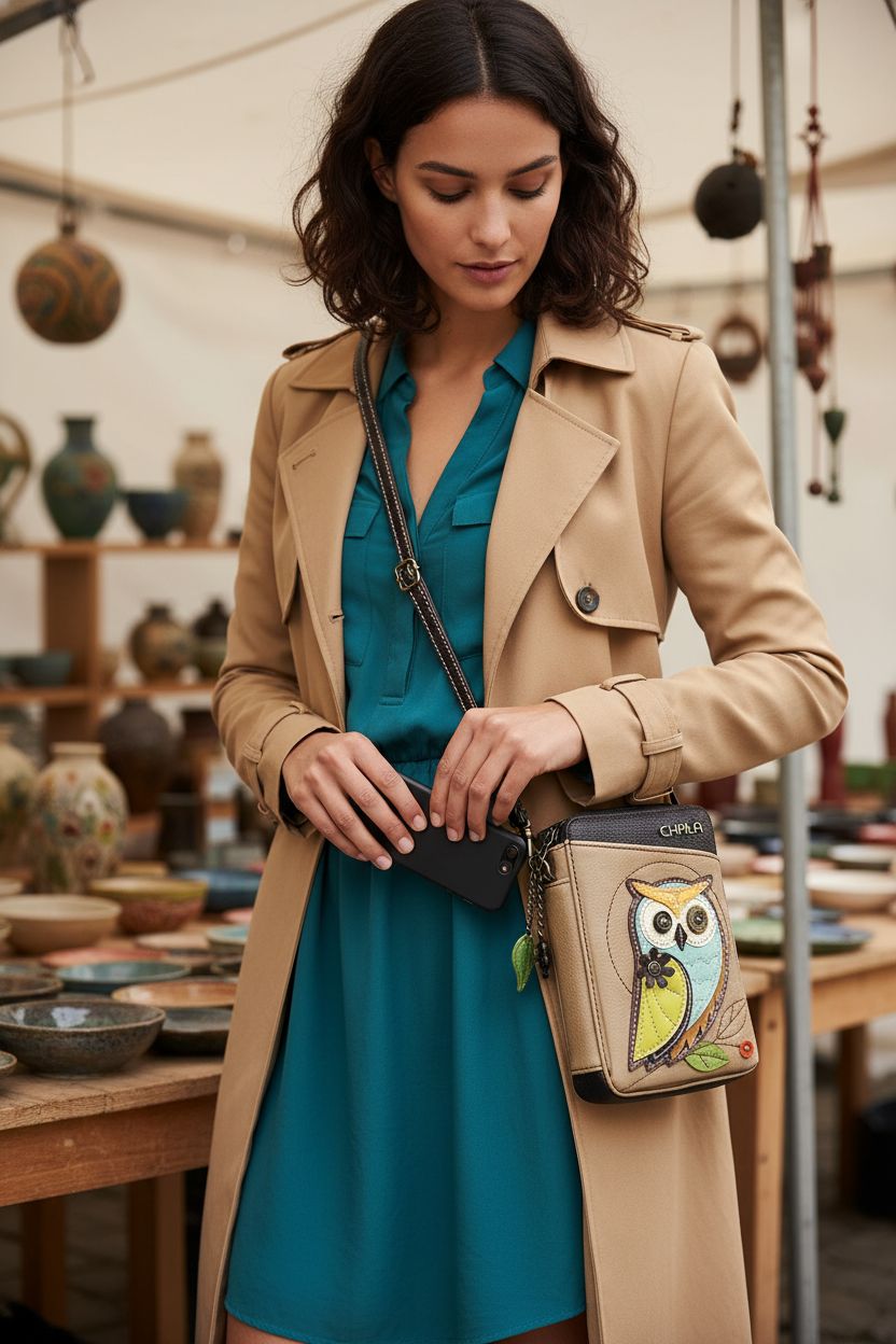 CHALA owl purse in taupe, showcased at a weekend market with a phone in hand, featuring a multicolor design.