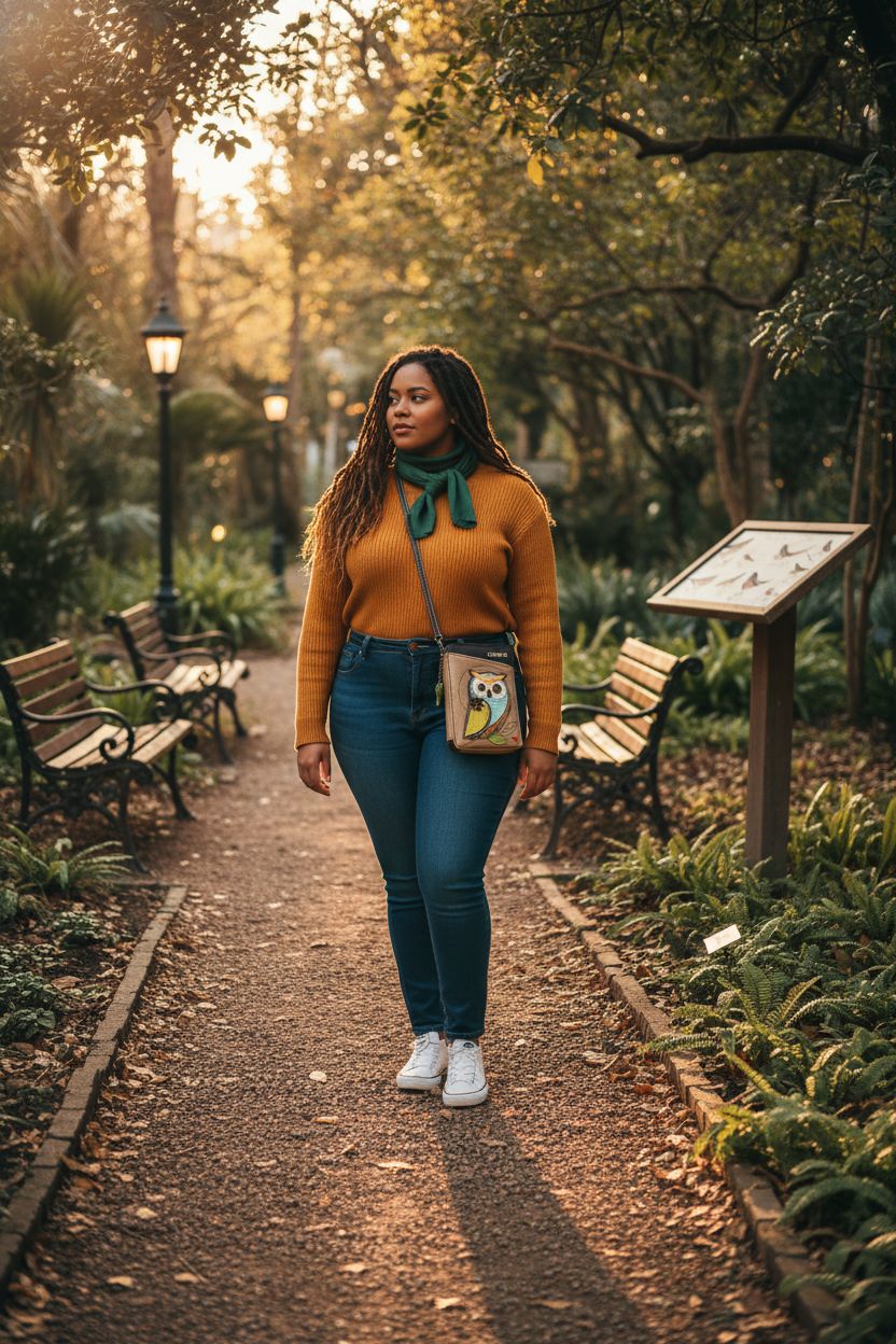 CHALA taupe owl purse in a botanical garden setting, highlighting its versatile crossbody style and charm.