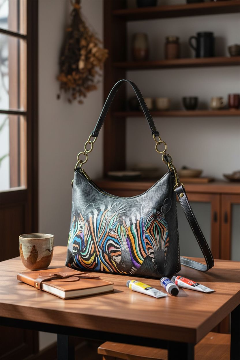 Anna by Anuschka painted leather purse resting on a table, highlighting its artistic zebra design.