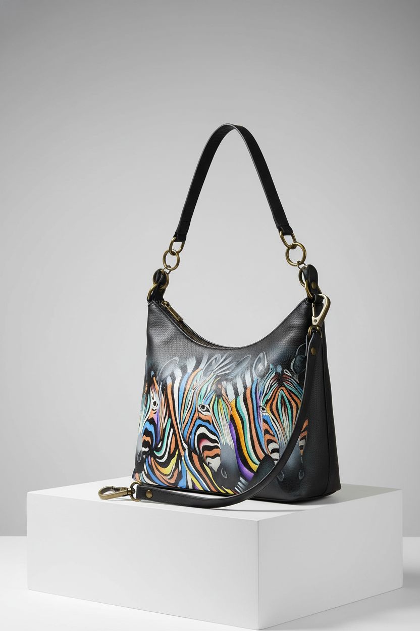 Close-up of Anna by Anuschka hand-painted leather hobo bag, showcasing craftsmanship and vibrant colors.