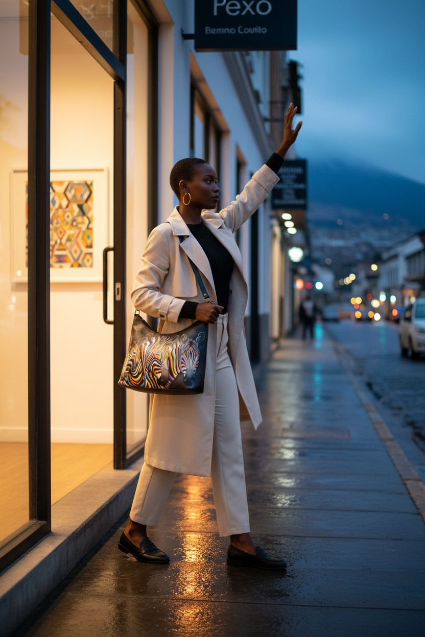 Anna by Anuschka painted leather purse with zebra pattern, stylishly worn during a night out.