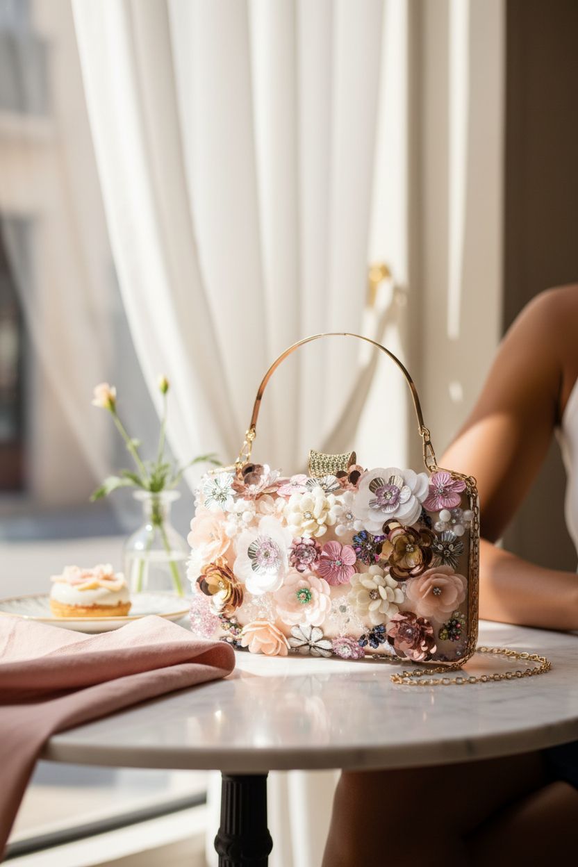 Fecialy floral clutch purse beside pastel pastries in a cozy patisserie