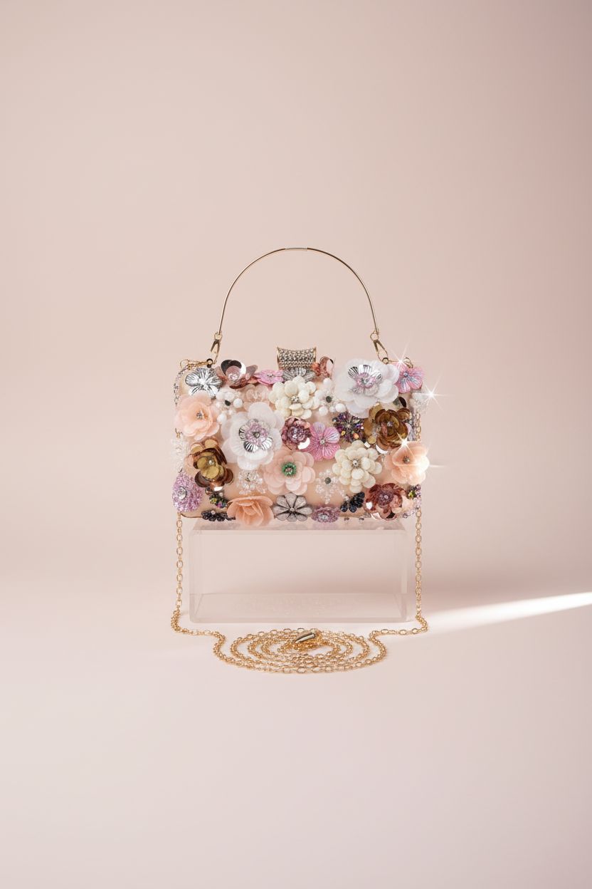 Fecialy pastel clutch purse showcasing floral appliqué and crystal accents