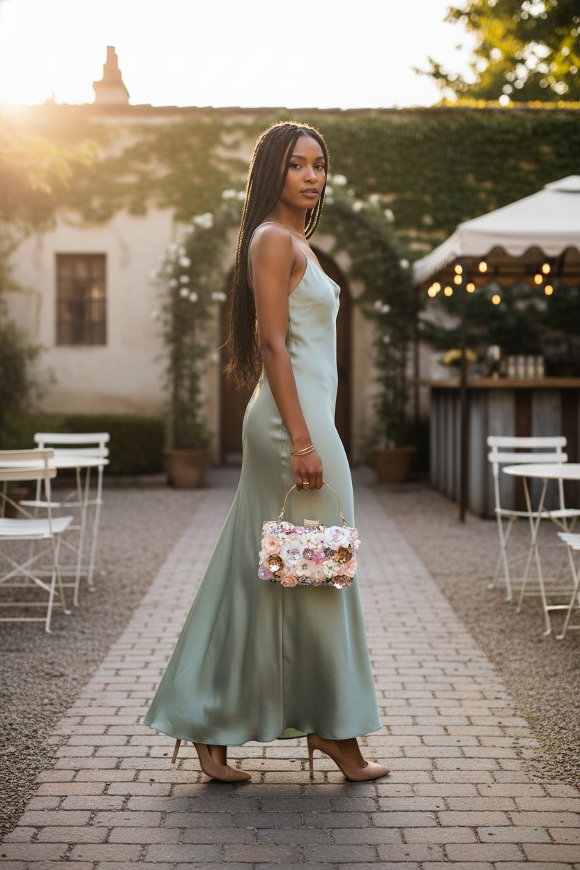 Fecialy pastel floral clutch purse against a sage dress in a sunlit courtyard