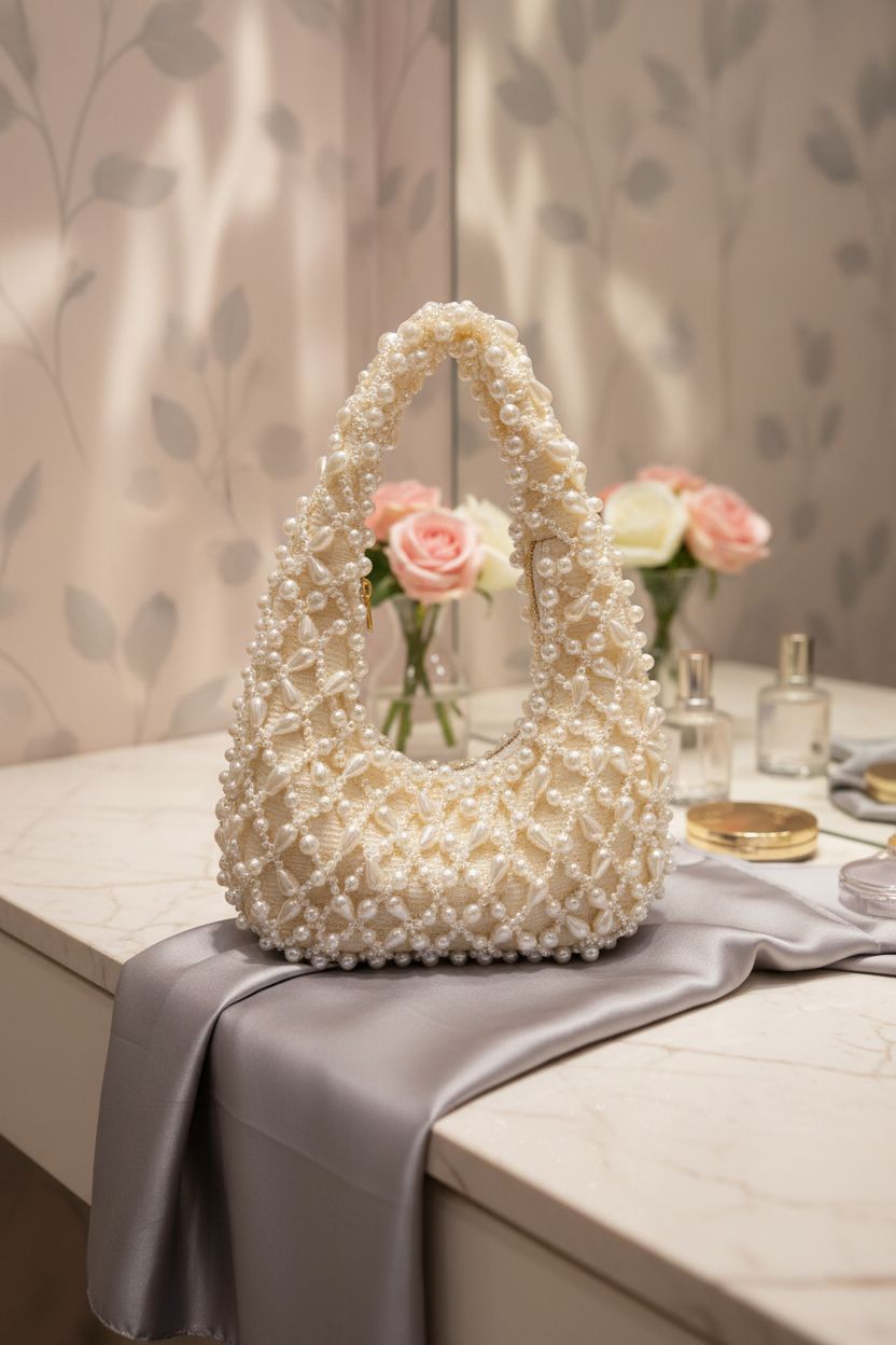 SHESRA pearl bag elegantly placed on a marble vanity in a boutique dressing room.