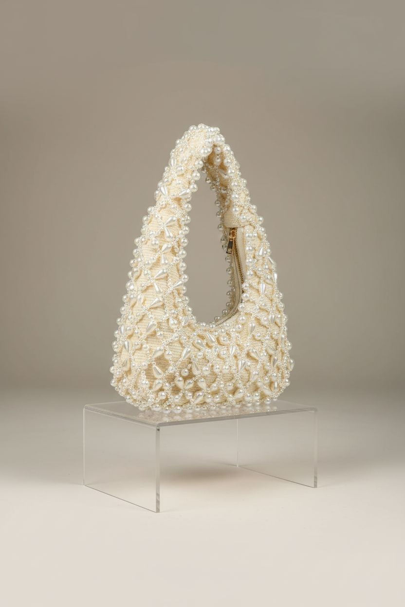 Product shot of SHESRA pearl shoulder bag on a clean studio backdrop highlighting details.