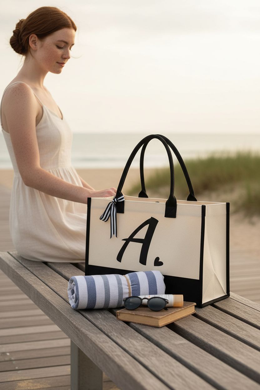 Shenee Initial Canvas Tote Bag resting on a beach bench, showcasing its natural texture.