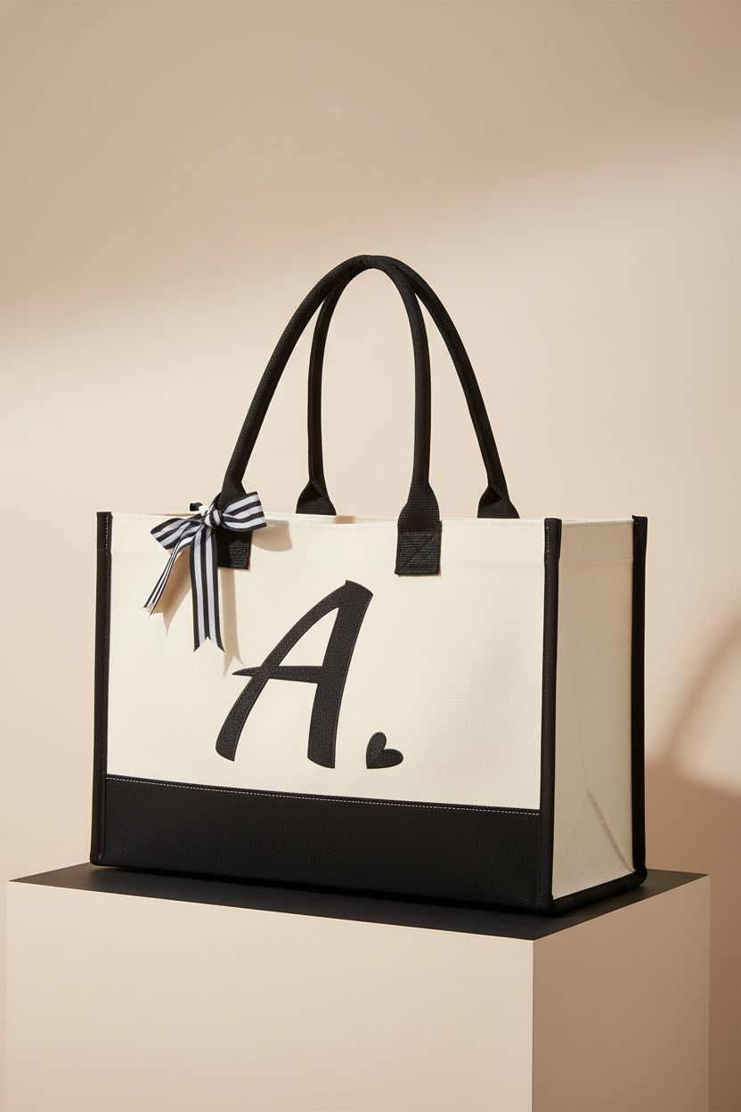 Shenee Initial Canvas Tote Bag displayed in a minimalist setting, highlighting craftsmanship.