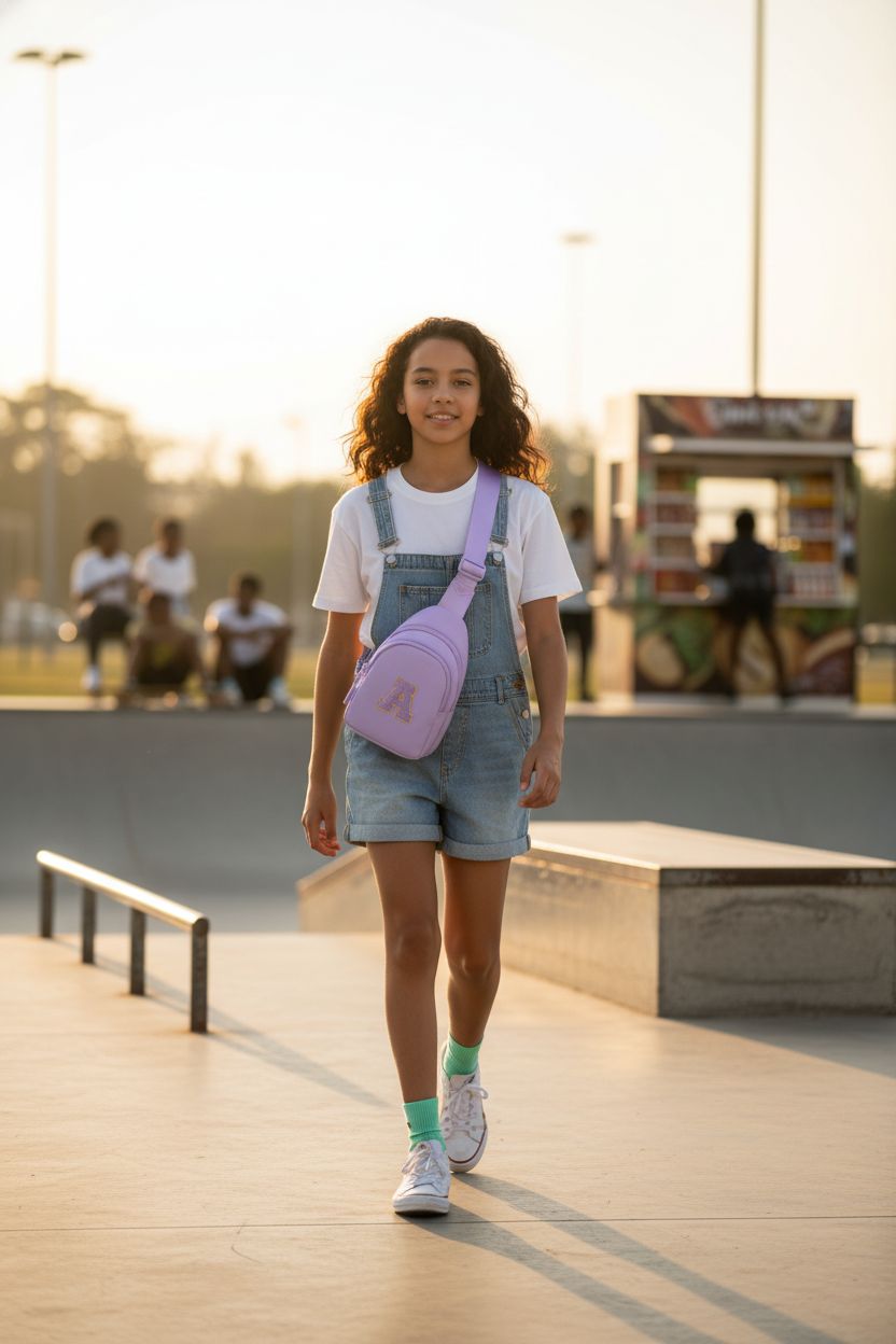 Lavender crossbody bag with monogram, ideal for active girls at skate parks.
