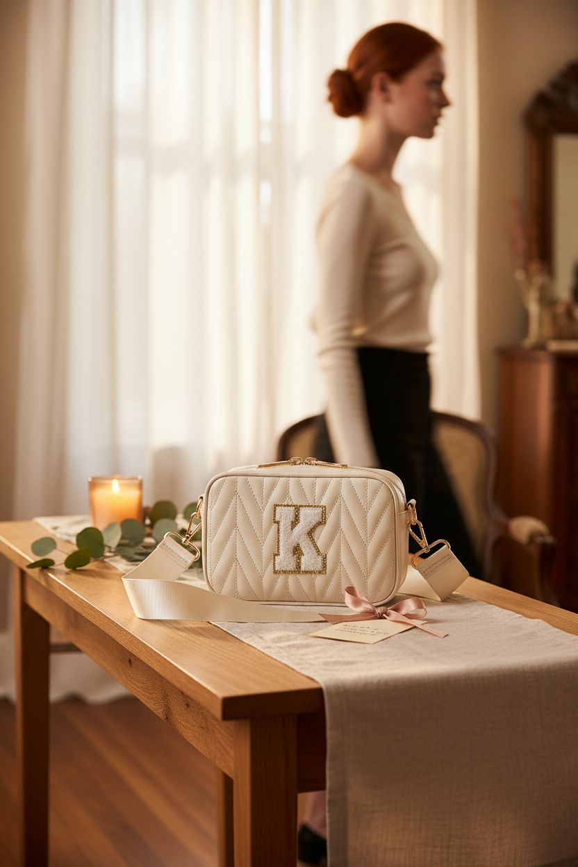 TOPEAST personalized purse on an oak console, gift-ready with elegant decor and candle.